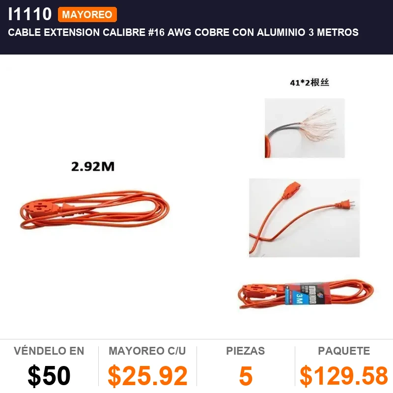Cable extension calibre #16 awg cobre con aluminio 3 metros - Pack x5
