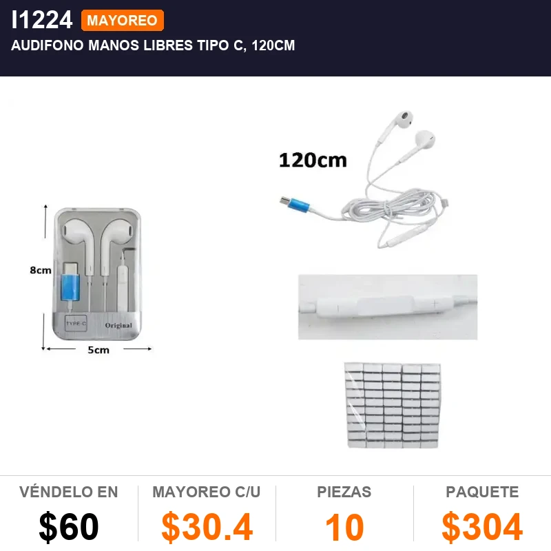 Audifono manos libres tipo c, 120cm - Pack x10