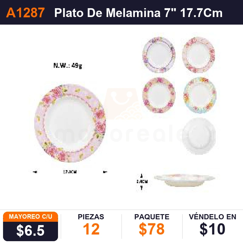 Plato De Melamina 7" 17.7Cms 49Grs  - Pack x12