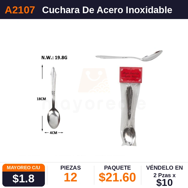 Cuchara De Acero Inoxidable 18Cms - Pack x12