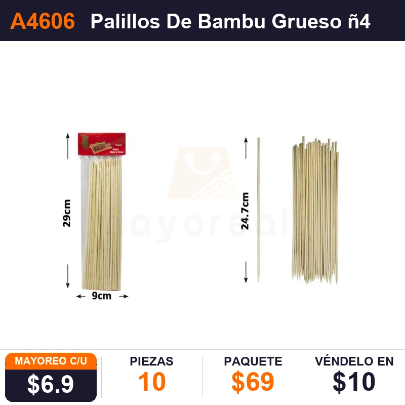 Palillos De Bambu Grueso 4mms x 25Cm - Pack x10