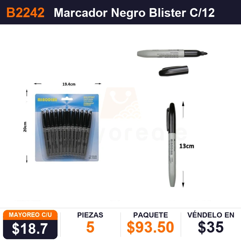 Marcador Negro Blister C/12 Pzs - Pack x5