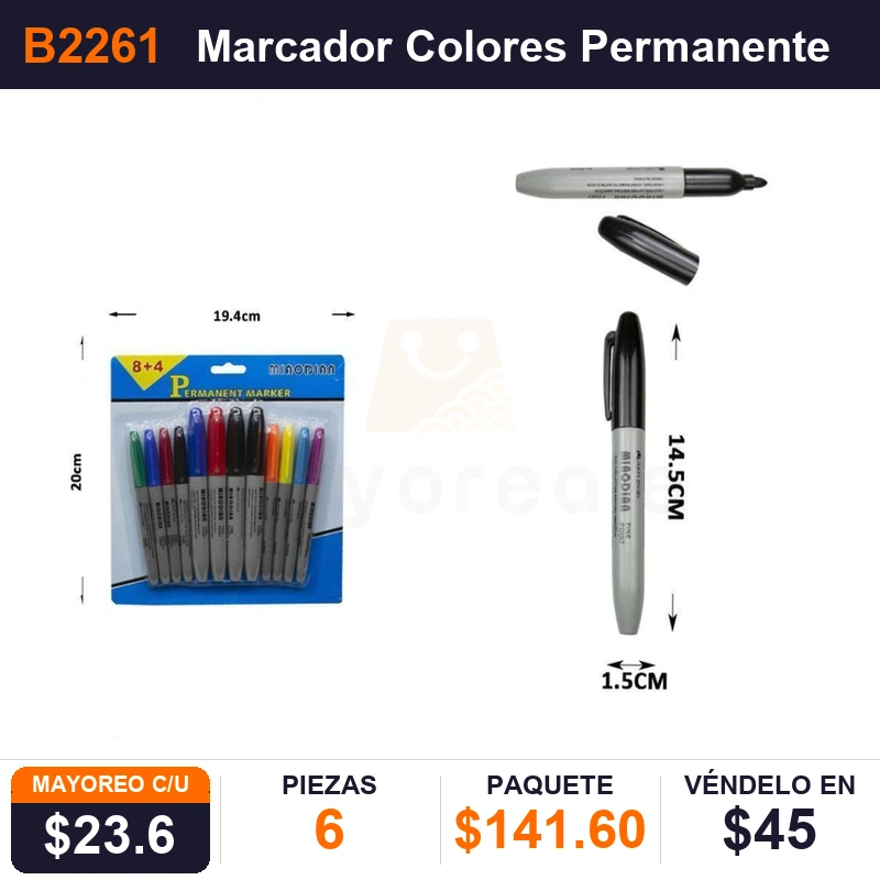 Marcador Colores Permanente C/12 Colores - Pack x6