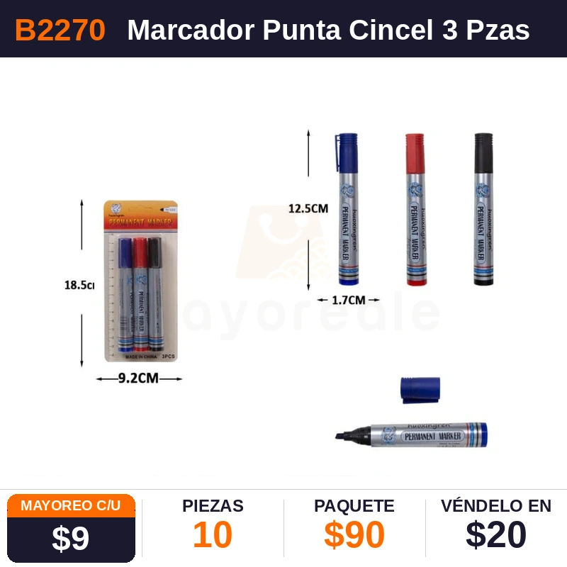 Marcador Punta Cincel 3 Pzas En Blister- Pack x10