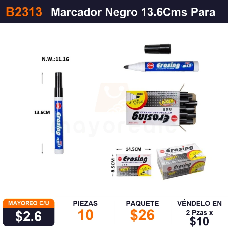 Marcador Negro 13.6Cms Para Pizarron - Pack x10