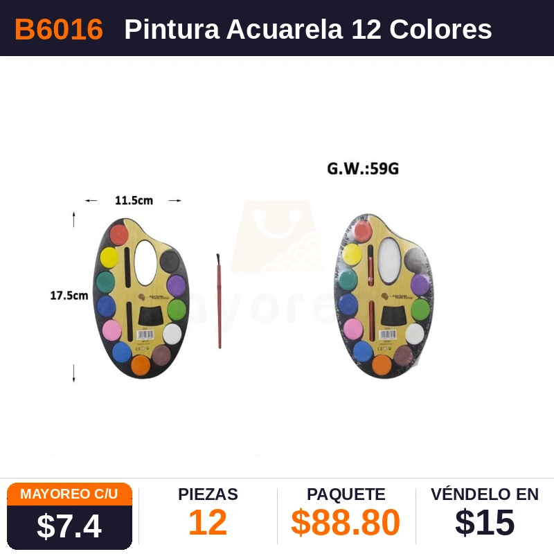Pintura Acuarela 12 Colores 17.5X11.5 cms - Pack x12
