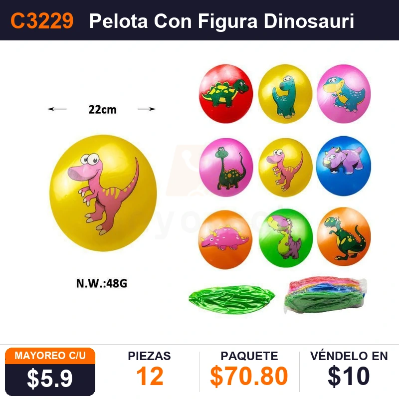 Pelota Con Figura Dinosaurios 6 Colores - Pack x12