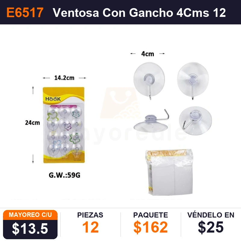Ventosa Con Gancho 4Cms 12 Pzas - Pack x12