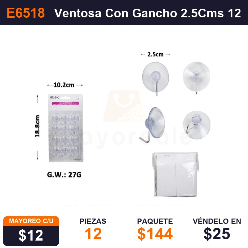 Ventosa Con Gancho 2.5Cms 12 Pzas - Pack x12