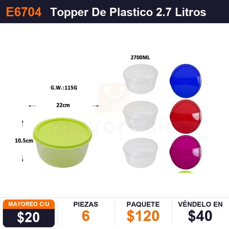 Topper De Plastico 2.7 Litros 22X10.5cms - Pack x6