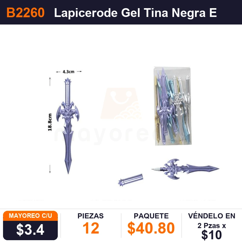 Lapicero de Gel Tina Negra Espada - Pack x12