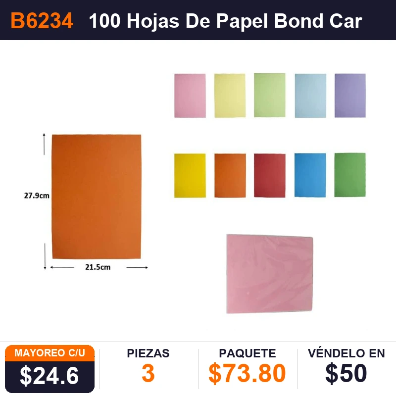 100 Hojas De Papel Bond Carta Colores surtidos - Pack x3