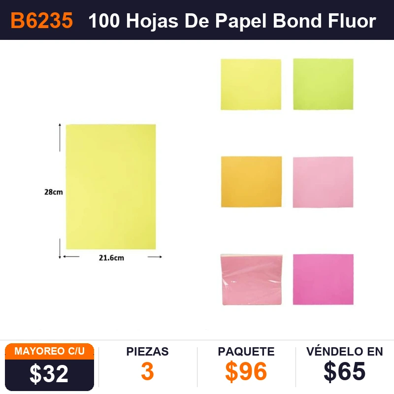 100 Hojas De Papel Bond Fluorescente surtidos - Pack x3