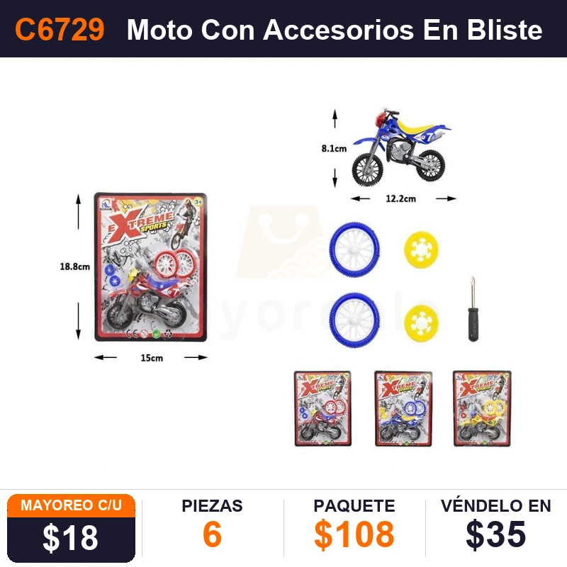 Moto Con Accesorios En Blister 18.8X15 Cms - Pack x6
