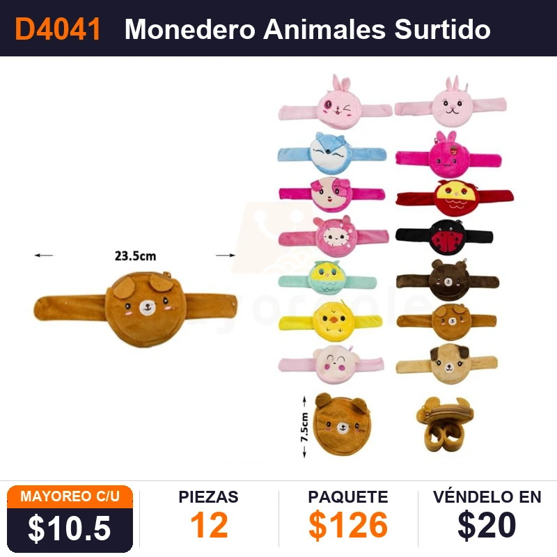 Monedero Pulcera Animales Surtido 23.5X7.5 Cms - Pack x12