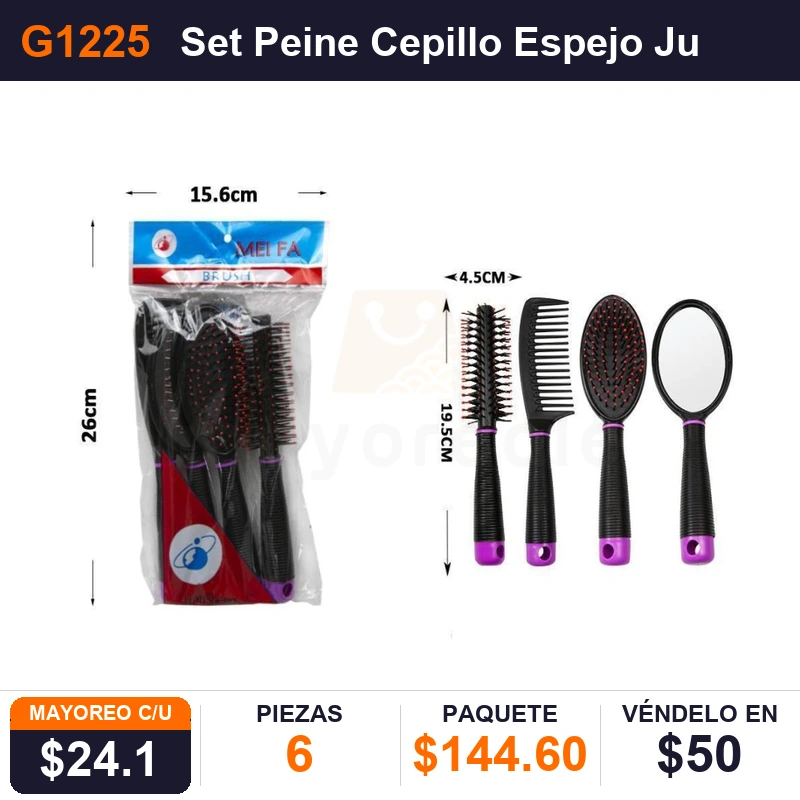 Set Peine Cepillo Espejo Juego C/4 Piezas - Pack x6