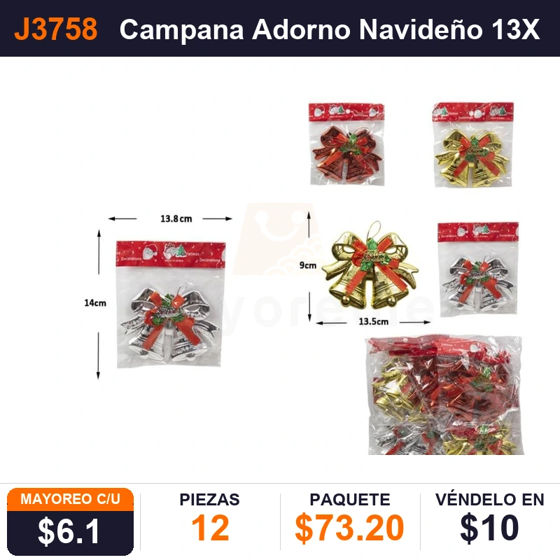 Campana Adorno Navideño 13X9Cms - Pack x12