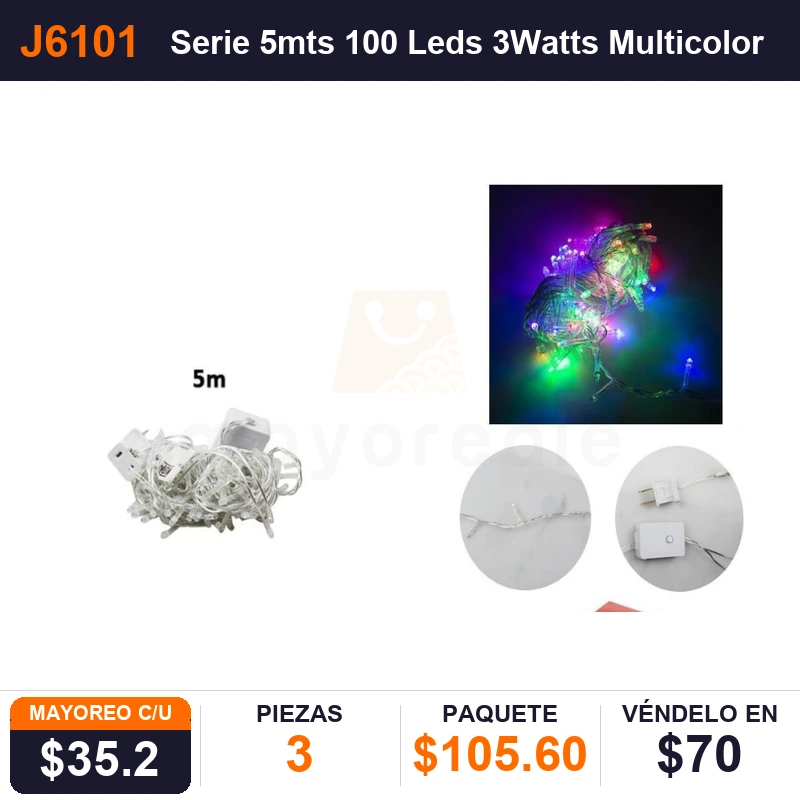 Serie 5mts 100 Leds 3Watts Multicolor - Pack x3