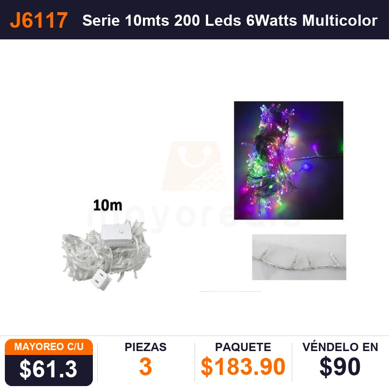 Serie 10mts 200 Leds 6Watts Multicolor - Pack x3