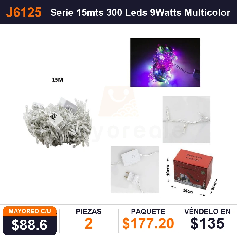 Serie 15mts 300 Leds 9Watts Multicolor - Pack x2