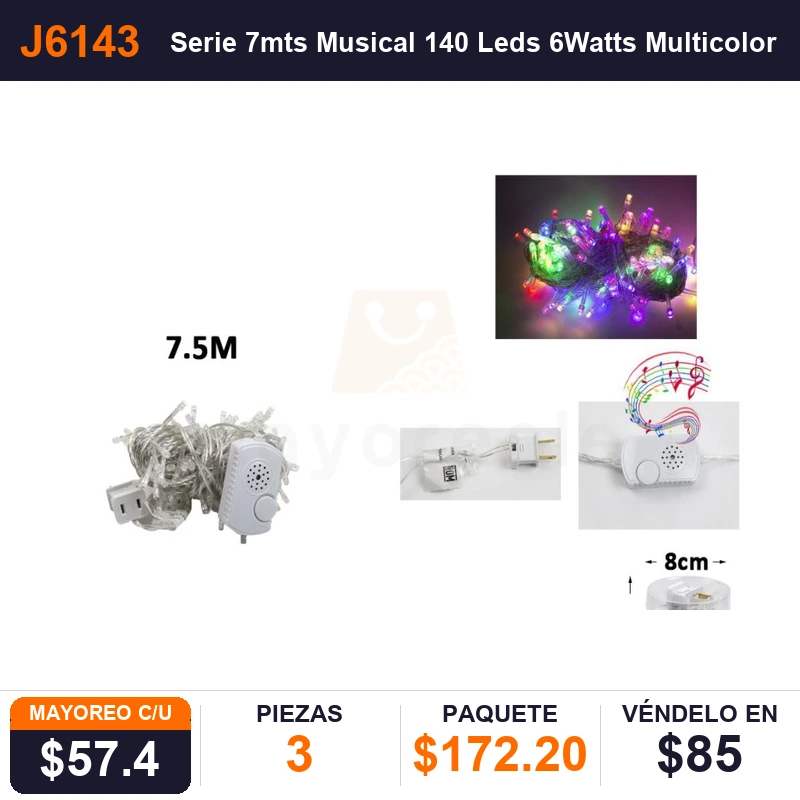 Serie 7mts Musical 140 Leds 6Watts Multicolor - Pack x3