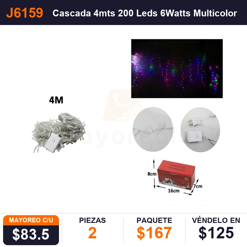 Cascada 4mts 200 Leds 6Watts Multicolor - Pack x2