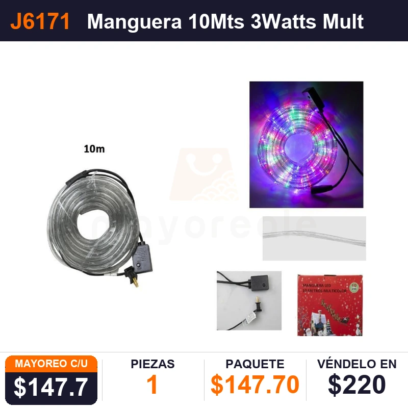 Manguera 10Mts 3Watts Multicolor - Pack x1