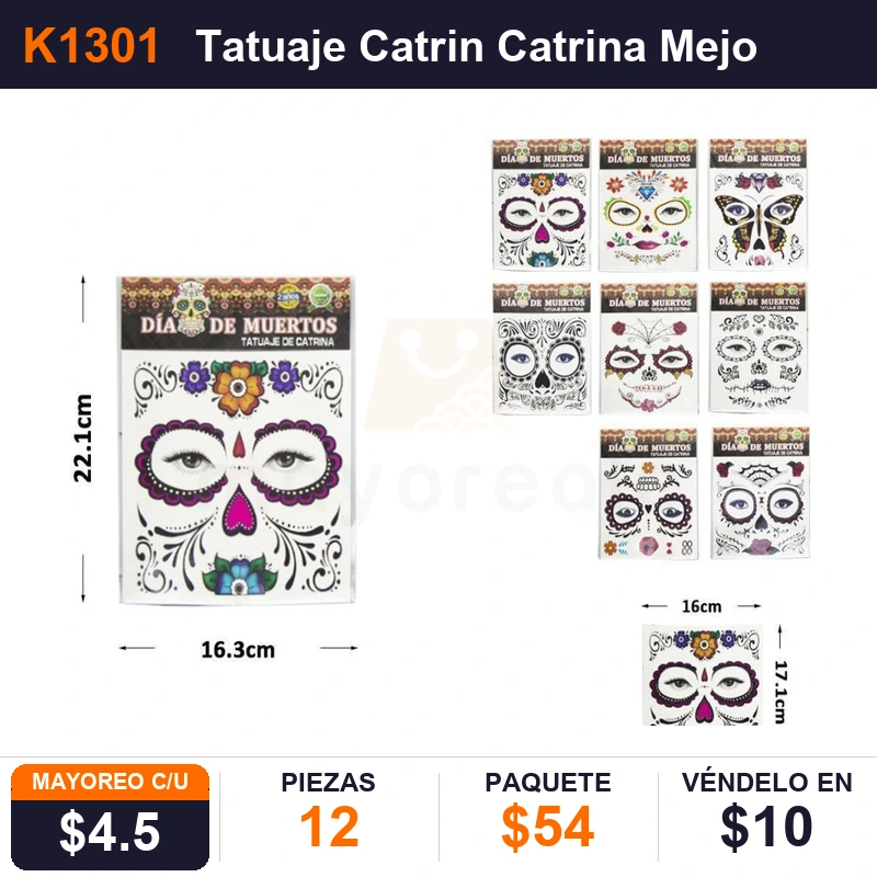 Tatuaje Catrin Catrina Mejor Calida 24X16 Cms Halloween - Pack x12