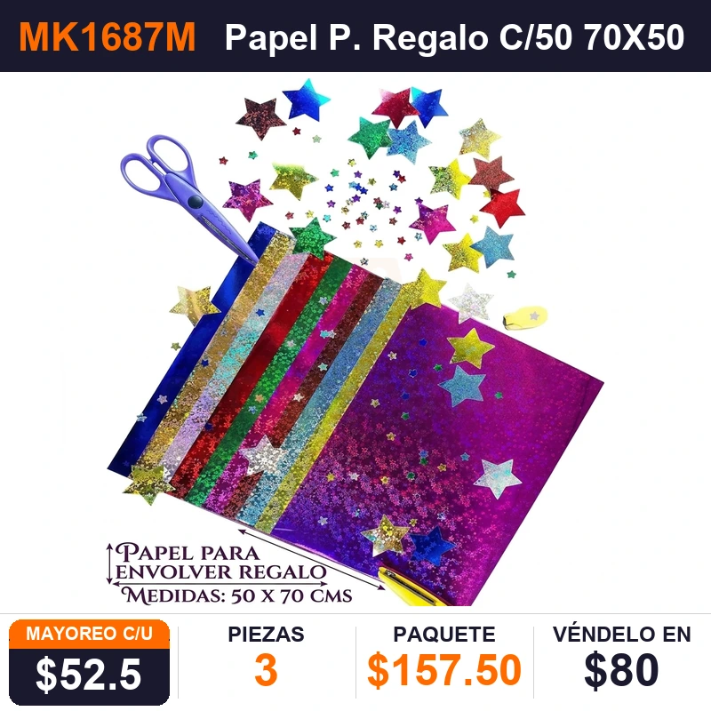 Papel P. Regalo C/50 70X50 Cm (3 paquetes colores al azar)- Pack x3