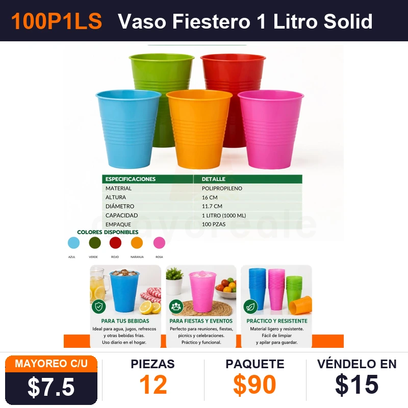 Vaso Fiestero 1 Litro Solido - Pack x12