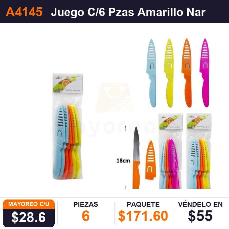 Cuchillo Juego C/6 Pzas Amarillo Naranja Azul - Pack x6