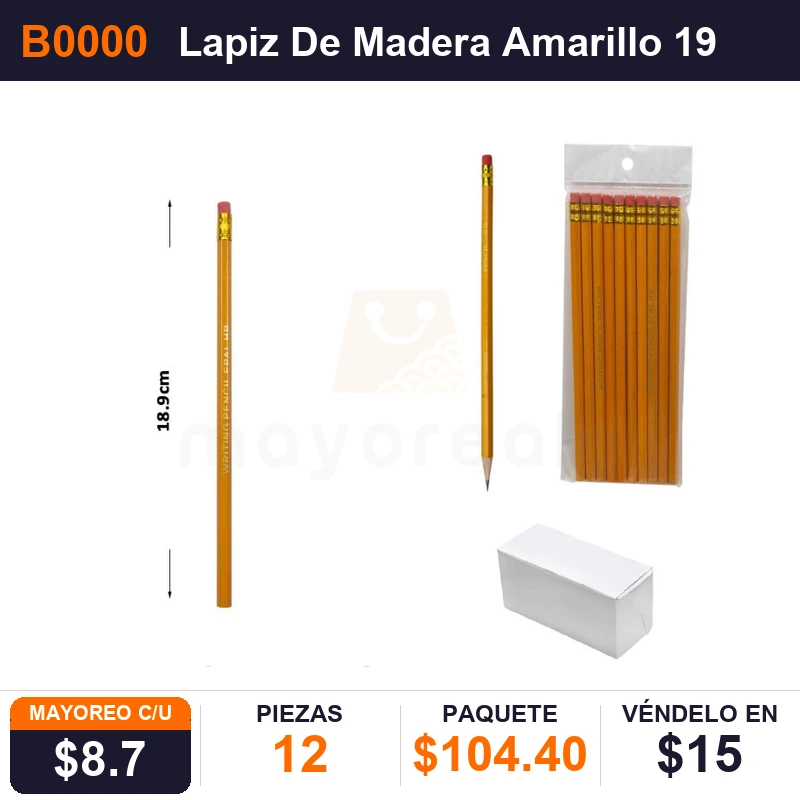 Lapiz De Madera Amarillo 19Cms 10 Piezas - Pack x12