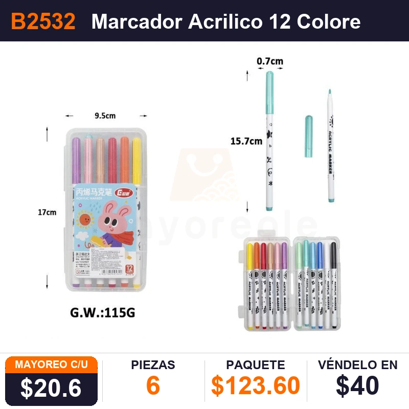 Marcador Acrilico 12 Colores En Estuche - Pack x6