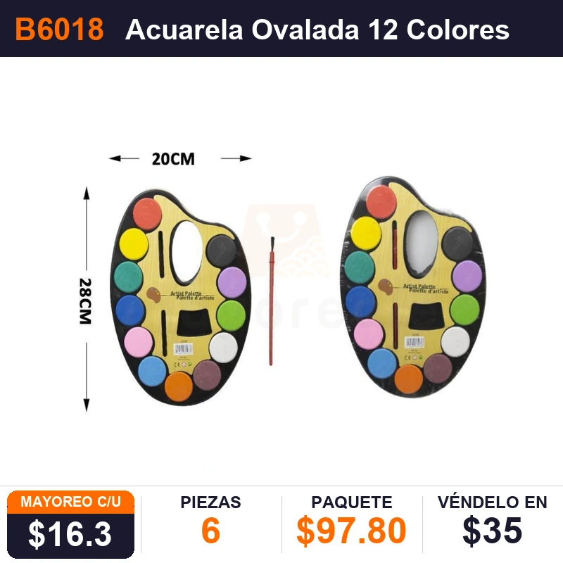Acuarela Ovalada 12 Colores 28 X 20 Cms - Pack x6