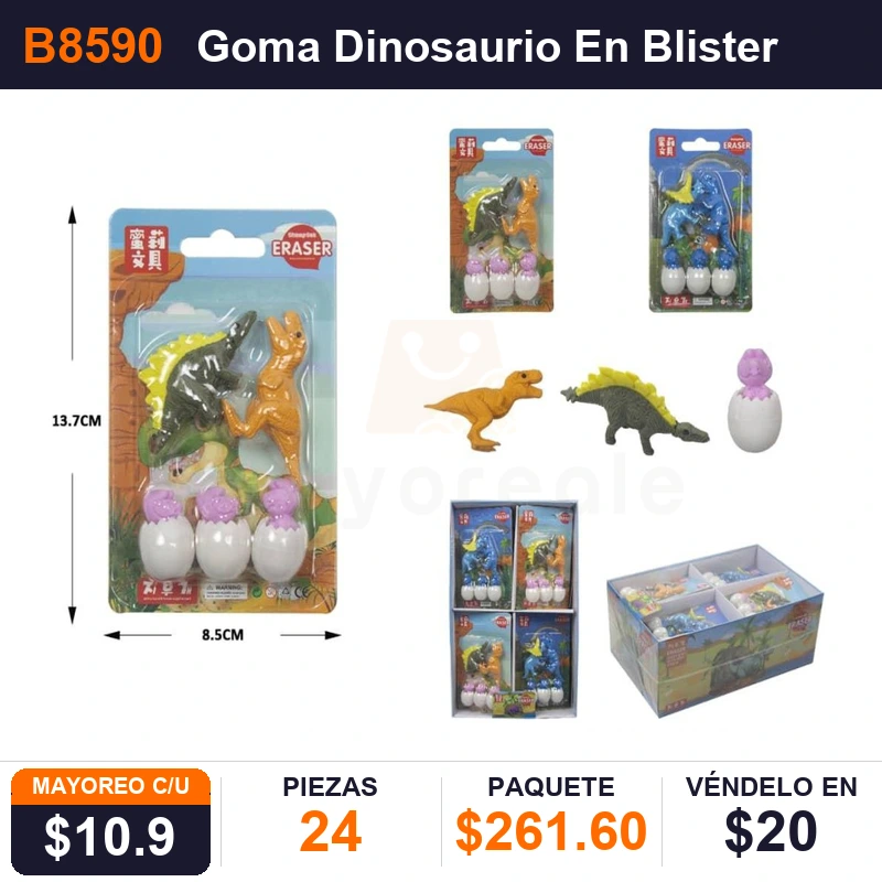 Goma Dinosaurio En Blister 13.7X8.5 - Pack x24