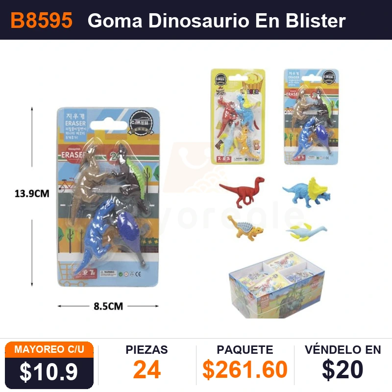 Goma Dinosaurio En Blister 13.9X8.5 - Pack x24