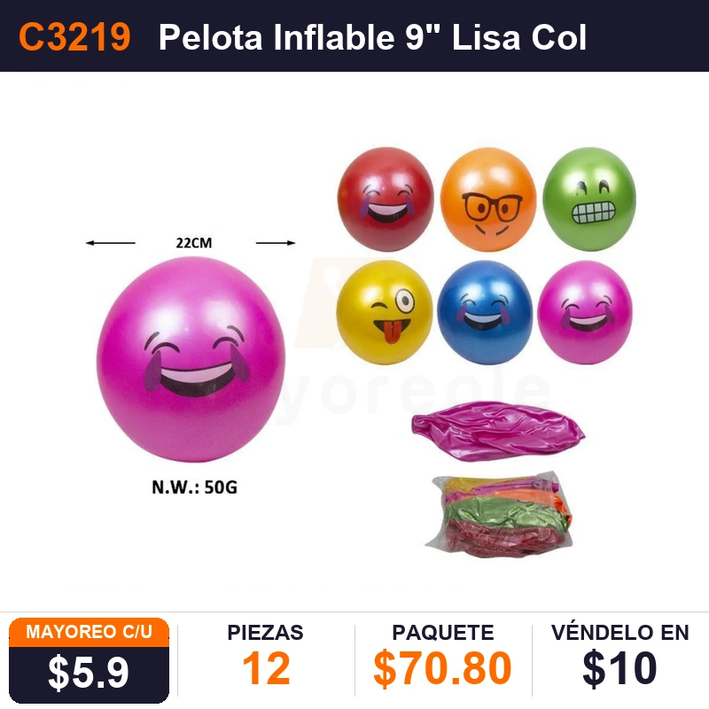 Pelota Emoji Inflable 9" Colores - Pack x12