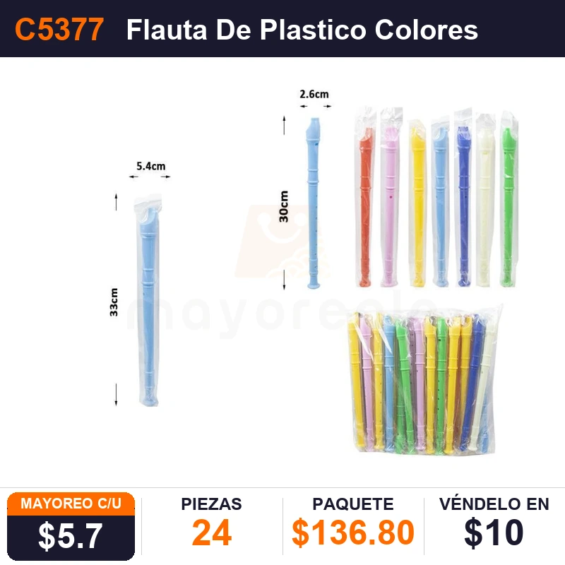 Flauta De Plastico Colores 30 Cms - Pack x24