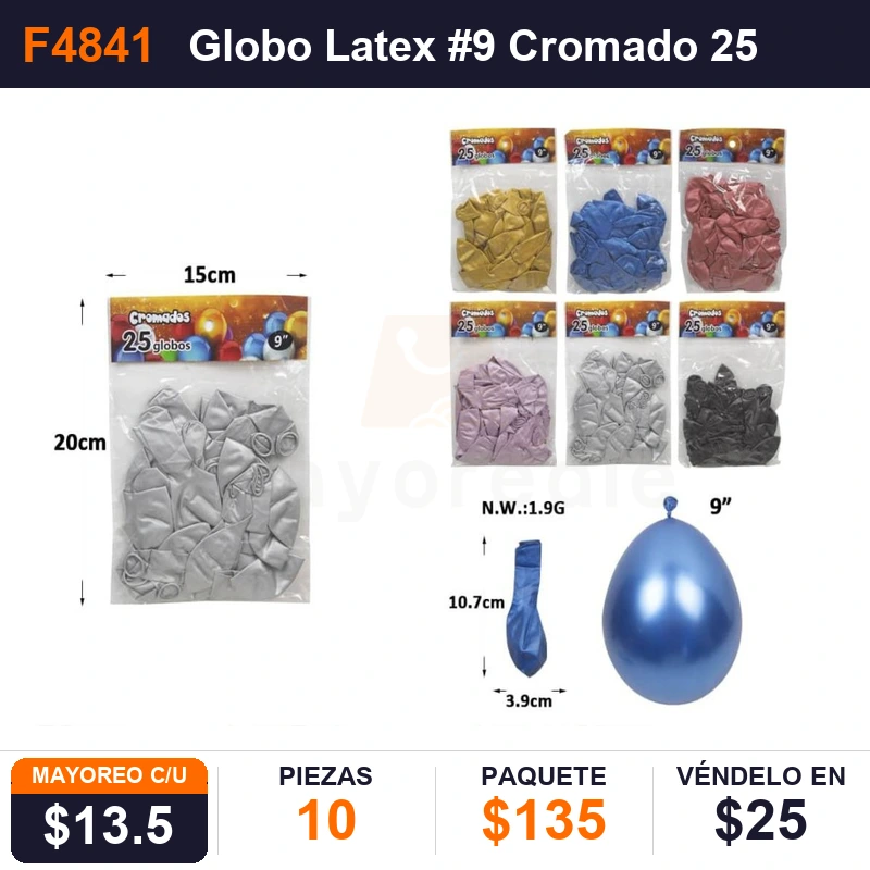 Globo Latex #9 Cromado 25 Pzas - Pack x10